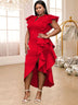 AOMEIDRESS Party Dresses High Slit Ruffles Cap Sleeves Wedding Guest Party Birthday Gowns Red / S