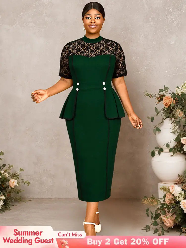 AOMEIDRESS Peplum Bodycon Dress Lace Sleeve Button Church Occasions DarkGreen / L