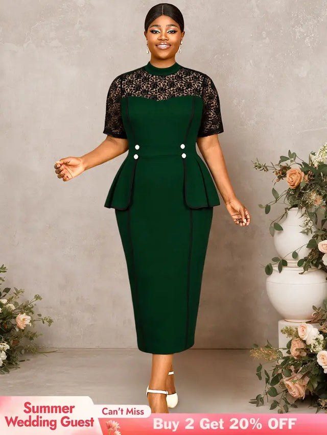 AOMEIDRESS Peplum Bodycon Dress Lace Sleeve Button Church Occasions DarkGreen / L