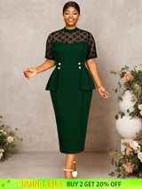AOMEIDRESS Peplum Bodycon Dress Lace Sleeve Button Church Occasions DarkGreen / L