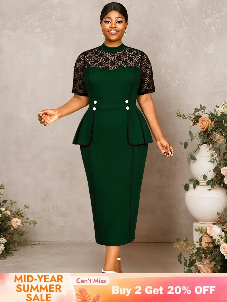 AOMEIDRESS Peplum Bodycon Dress Lace Sleeve Button Church Occasions DarkGreen / L