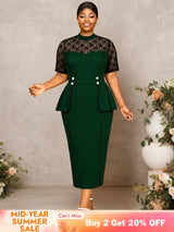 AOMEIDRESS Peplum Bodycon Dress Lace Sleeve Button Church Occasions DarkGreen / L