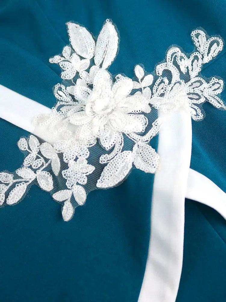 AOMEIDRESS Peplum Bodycon Dress with Contrast Trim Floral Appliques