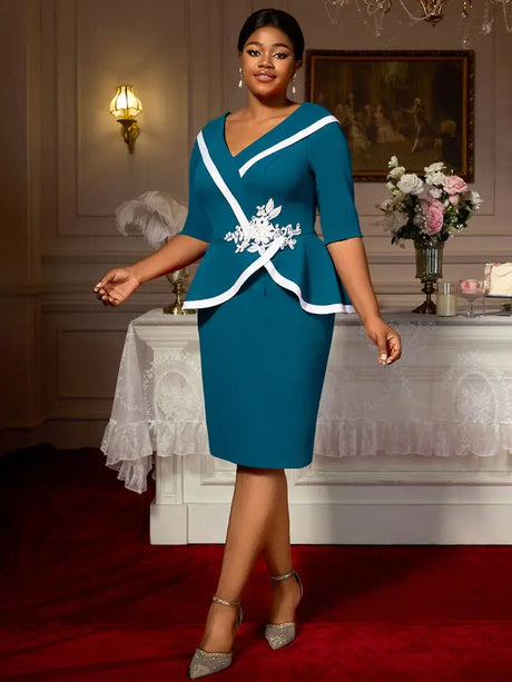 AOMEIDRESS Peplum Bodycon Dress with Contrast Trim Floral Appliques