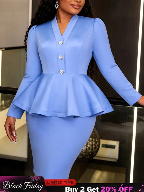 AOMEIDRESS Peplum Bodycon Midi Dress V Neck Long Sleeve Rhinestone - LightBlue / L