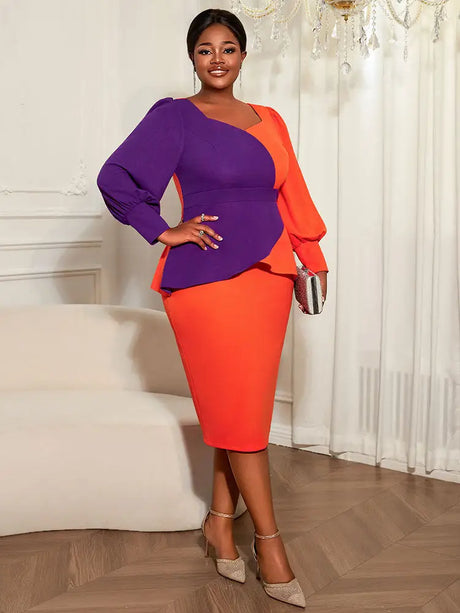 AOMEIDRESS Peplum Color Block Dress with Puff Sleeve for Party Office