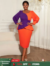AOMEIDRESS Peplum Color Block Dress with Puff Sleeve for Party Office OR / S