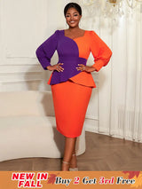 AOMEIDRESS Peplum Color Block Dress with Puff Sleeve for Party Office OR / S