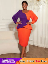 AOMEIDRESS Peplum Color Block Dress with Puff Sleeve for Party Office OR / S
