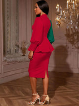 AOMEIDRESS Peplum Colorblock Dress Puff Sleeves Church Office Party
