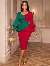 AOMEIDRESS Peplum Colorblock Dress Puff Sleeves Church Office Party