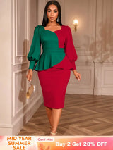 AOMEIDRESS Peplum Colorblock Dress Puff Sleeves Church Office Party Red / S