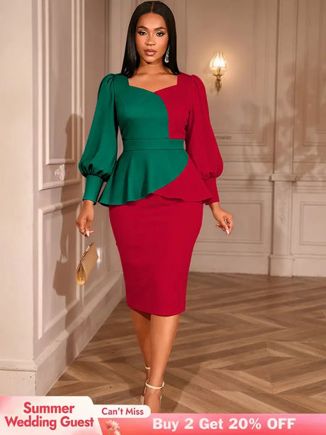 AOMEIDRESS Peplum Colorblock Dress Puff Sleeves Church Office Party Red / S