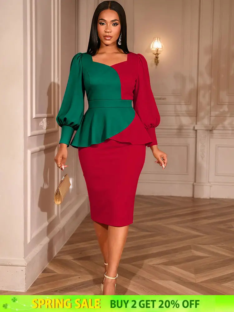 AOMEIDRESS Peplum Colorblock Dress Puff Sleeves Church Office Party Red / S