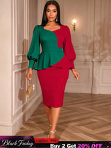 AOMEIDRESS Peplum Colorblock Dress Puff Sleeves Church Office Party Red / S