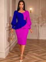 AOMEIDRESS Peplum Colorblock Dress Puff Sleeves Church Office Party Rose / S