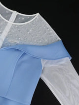 AOMEIDRESS Peplum Dresses O Neck Long Sheer Beaded Sleeve High Waist