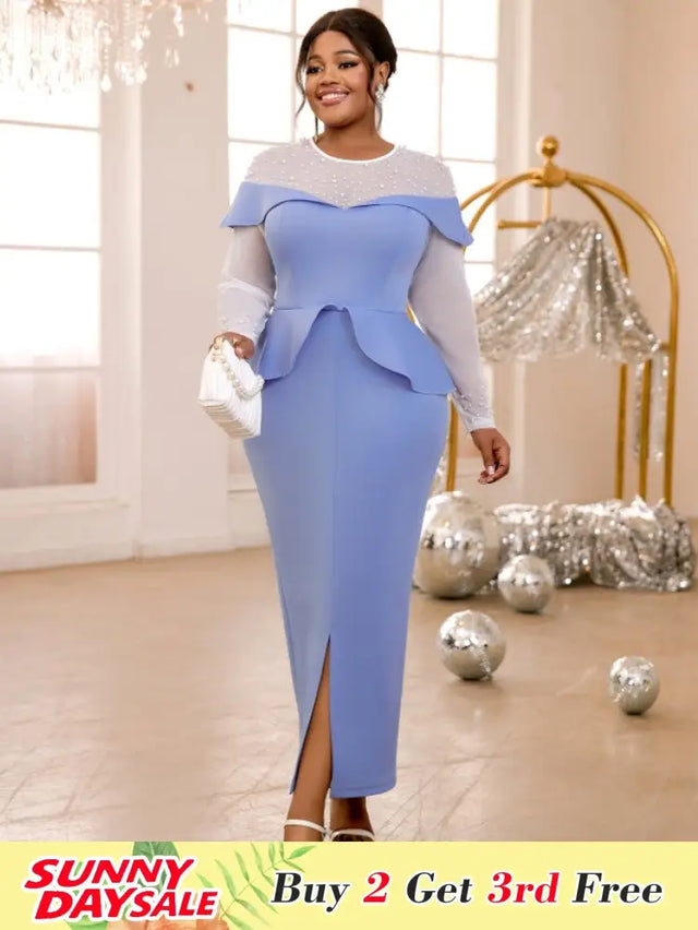 AOMEIDRESS Peplum Dresses O Neck Long Sheer Beaded Sleeve High Waist Blue / S