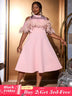 AOMEIDRESS Pink A Line Dress Mock Neck Tulle Beaded Feather Patchwork Pink / S