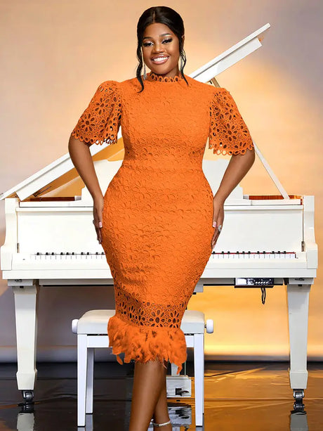 AOMEIDRESS Pink Lace Dresses for Women Bodycon Feather Patchwork Orange / S