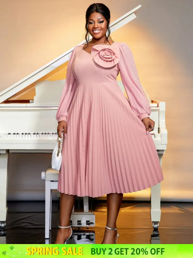long lantern sleeves a line dress plus size pleated dress
