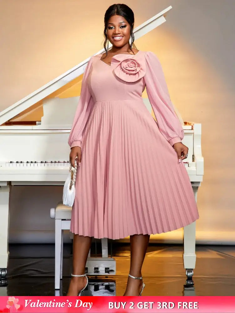 long lantern sleeves a line dress plus size pleated dress