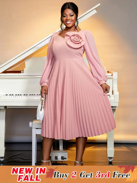 long lantern sleeves a line dress plus size pleated dress