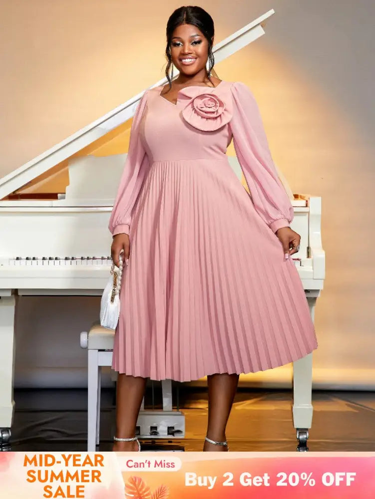 long lantern sleeves a line dress plus size pleated dress