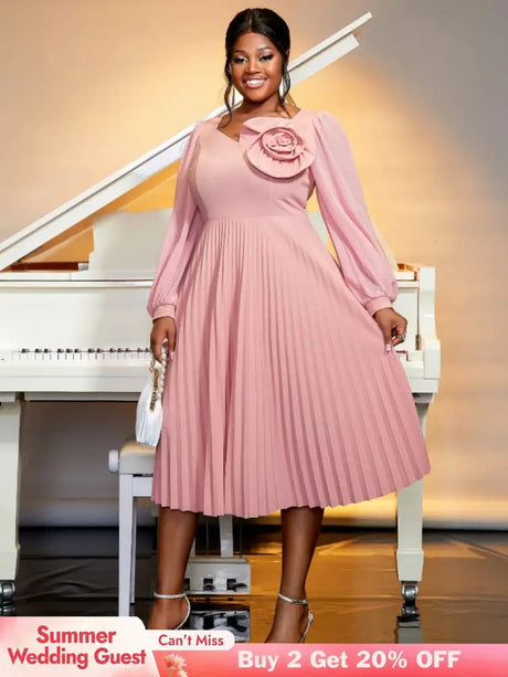 long lantern sleeves a line dress plus size pleated dress