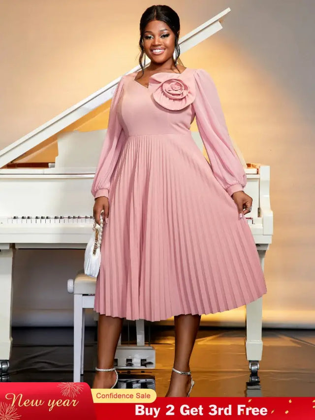 long lantern sleeves a line dress plus size pleated dress