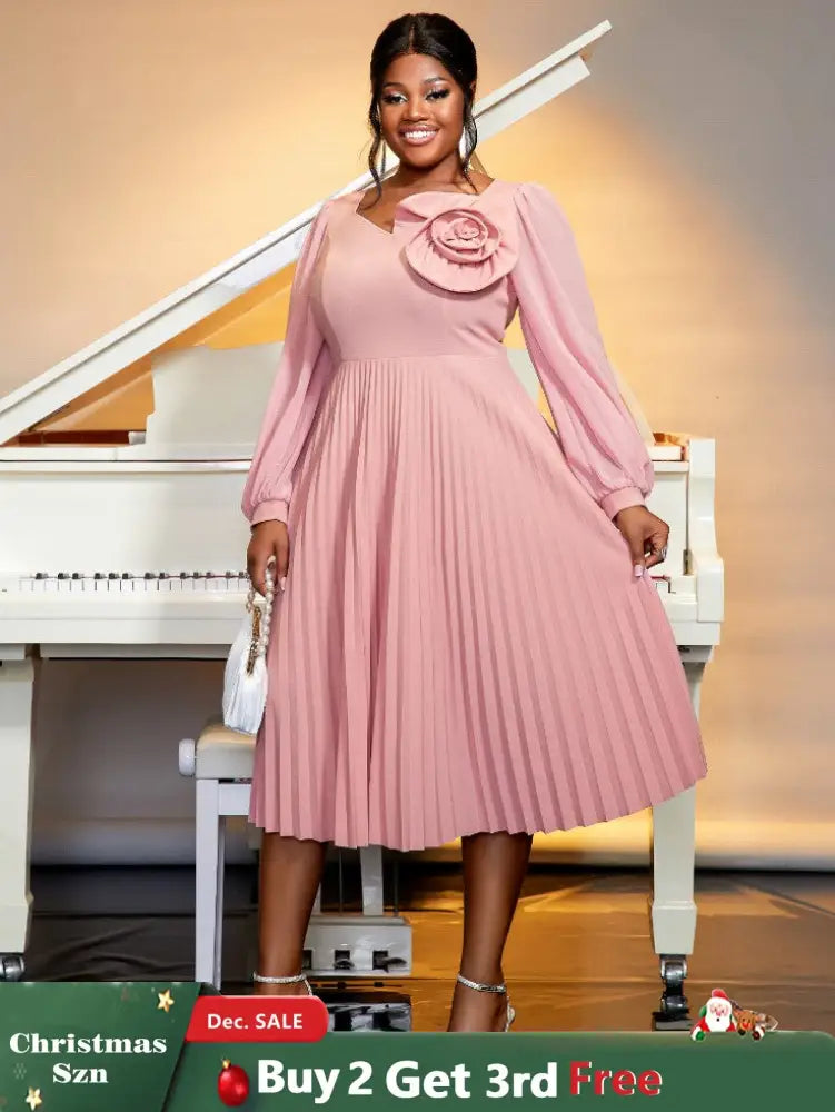 long lantern sleeves a line dress plus size pleated dress
