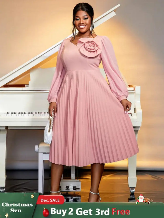 long lantern sleeves a line dress plus size pleated dress