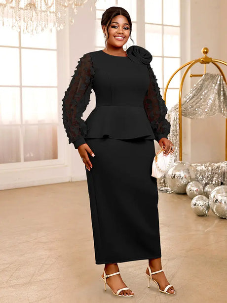 AOMEIDRESS Pink Maxi Dress O Neck Sheer Lantern Sleeve with 3D Flower Black / S