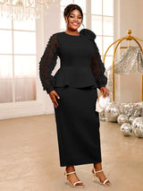 AOMEIDRESS Pink Maxi Dress O Neck Sheer Lantern Sleeve with 3D Flower Black / S