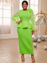 AOMEIDRESS Pink Maxi Dress O Neck Sheer Lantern Sleeve with 3D Flower Green / S