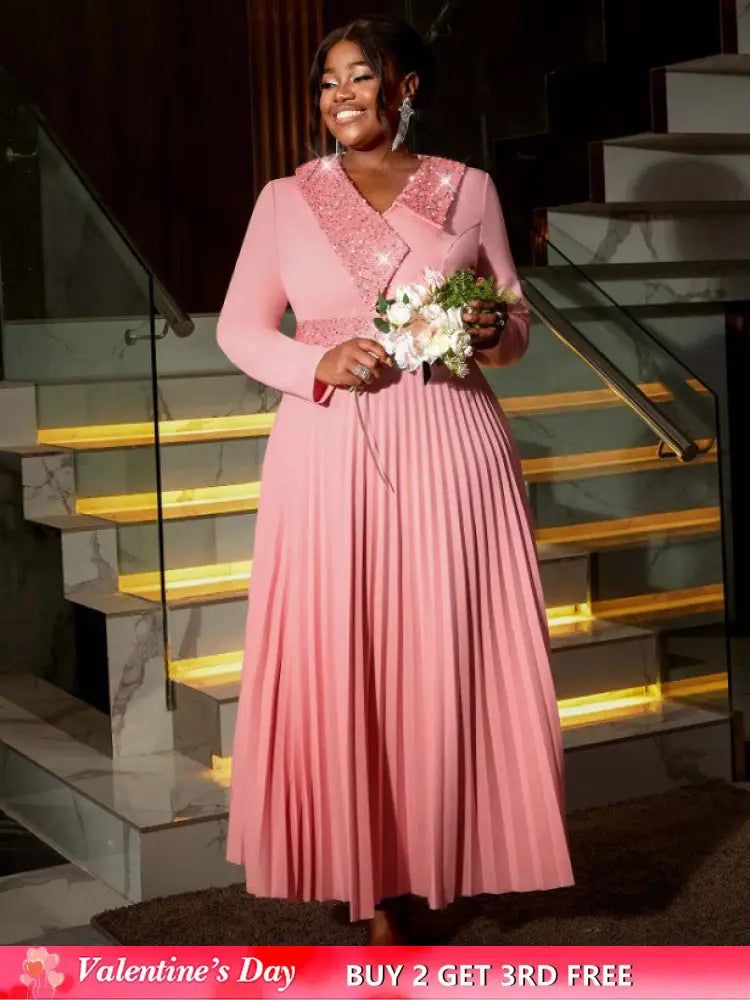 AOMEIDRESS Pink Maxi Pleated Dress Irregular Glitter Neck High Waist Pink / S