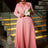 AOMEIDRESS Pink Maxi Pleated Dress Irregular Glitter Neck High Waist Pink / S