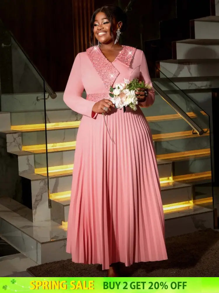 AOMEIDRESS Pink Maxi Pleated Dress Irregular Glitter Neck High Waist Pink / S