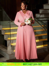 AOMEIDRESS Pink Maxi Pleated Dress Irregular Glitter Neck High Waist Pink / S