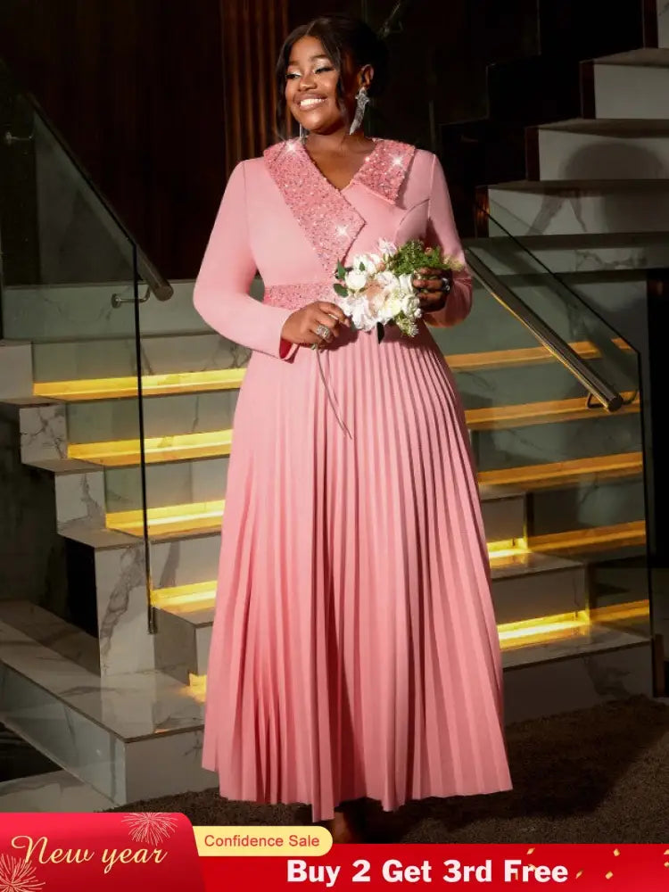 AOMEIDRESS Pink Maxi Pleated Dress Irregular Glitter Neck High Waist Pink / S