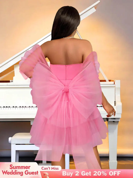 AOMEIDRESS Pink Removable Back Bow Tube Tops Mesh A Line Dress