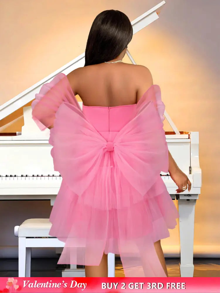 AOMEIDRESS Pink Removable Back Bow Tube Tops Mesh A Line Dress