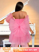 AOMEIDRESS Pink Removable Back Bow Tube Tops Mesh A Line Dress