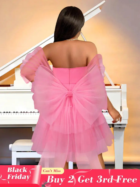 AOMEIDRESS Pink Removable Back Bow Tube Tops Mesh A Line Dress