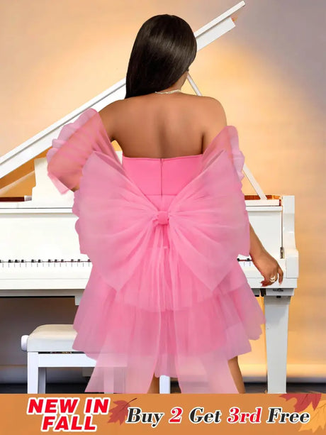 AOMEIDRESS Pink Removable Back Bow Tube Tops Mesh A Line Dress