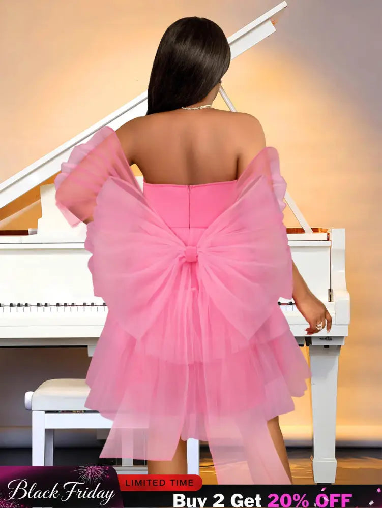 AOMEIDRESS Pink Removable Back Bow Tube Tops Mesh A Line Dress