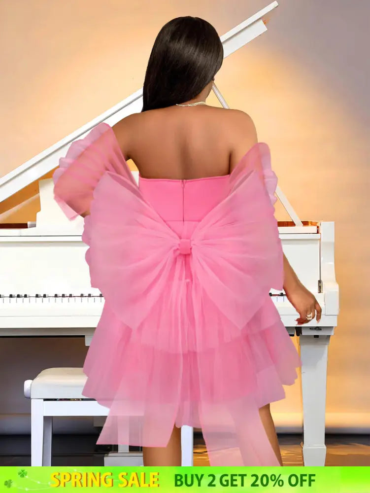 AOMEIDRESS Pink Removable Back Bow Tube Tops Mesh A Line Dress