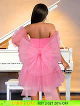 AOMEIDRESS Pink Removable Back Bow Tube Tops Mesh A Line Dress