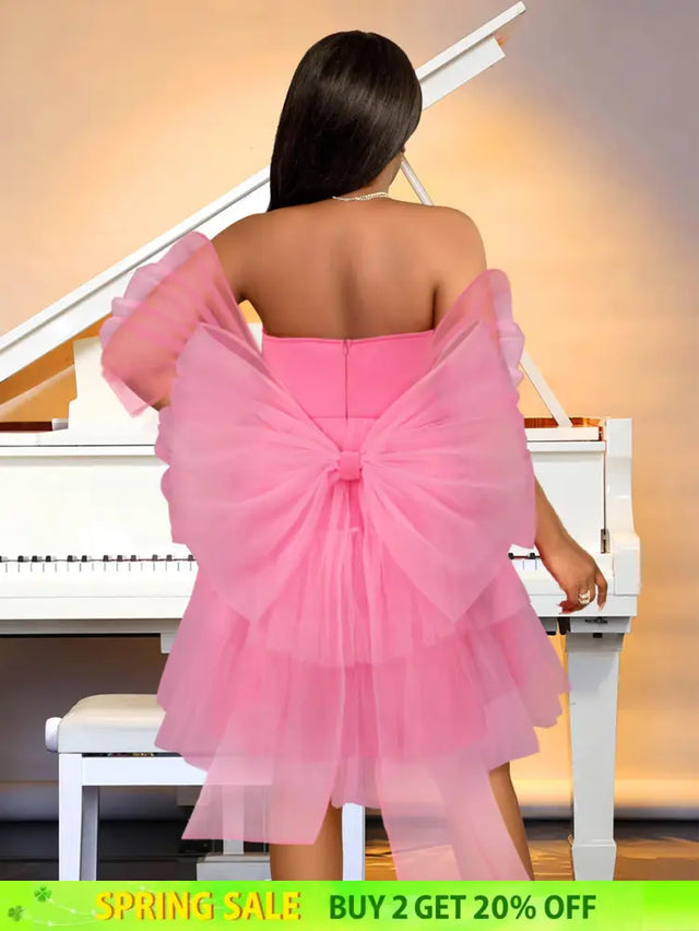 AOMEIDRESS Pink Removable Back Bow Tube Tops Mesh A Line Dress