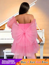 AOMEIDRESS Pink Removable Back Bow Tube Tops Mesh A Line Dress